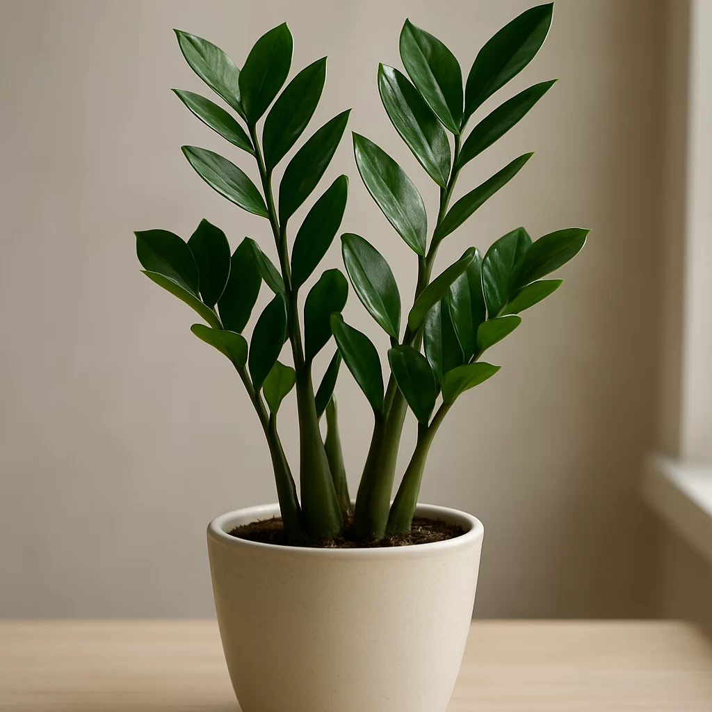 ZZ plant (Zamioculcas zamiifolia) with glossy pinnate leaves in a ceramic pot lit by natural window light