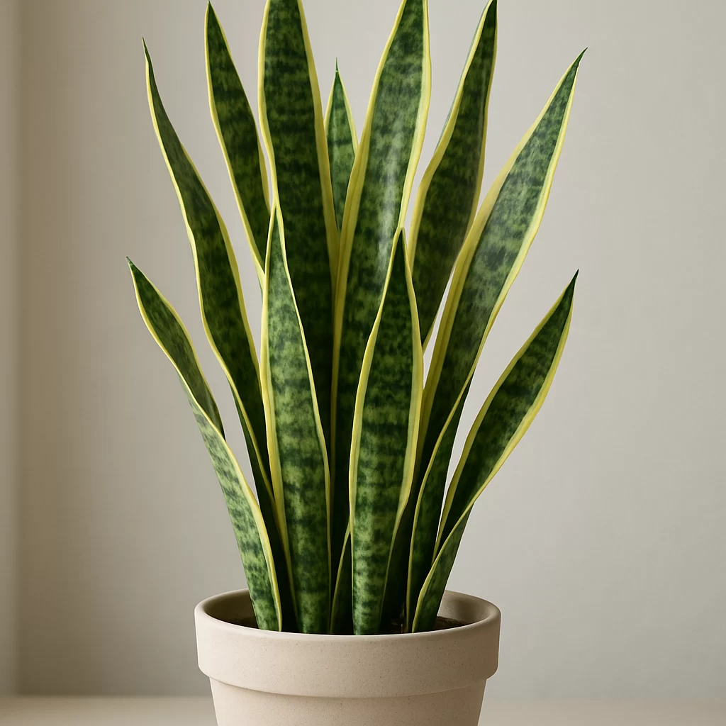 Snake plant (Dracaena trifasciata) with upright variegated leaves in a pot
