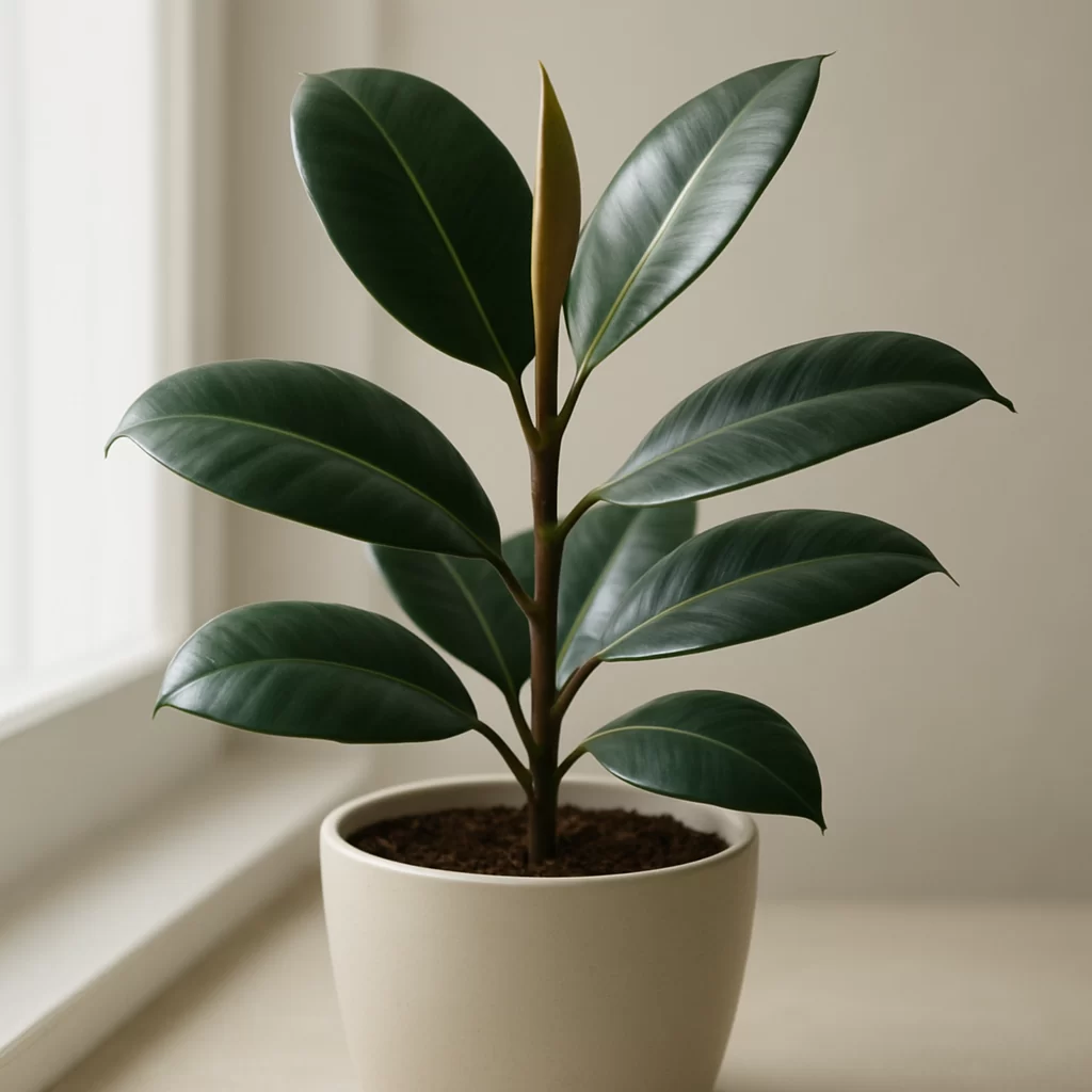 Rubber plant (Ficus elastica) with glossy dark green leaves in a ceramic pot by a sunlit window.